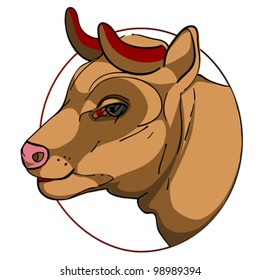bovine head in a circle, chinese zodiac sign isolated on white