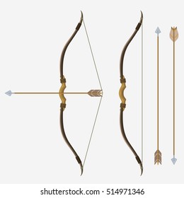 Bow and arrow, archery in cartoon style, indian hunter weapon Cupid sign, antique armor shoot. Vector