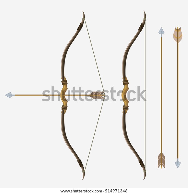 Bow and arrow, archery\
in cartoon style, indian hunter weapon Cupid sign, antique armor\
shoot. Vector