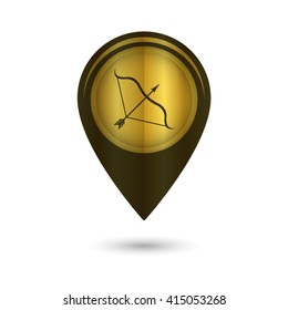 Bow and Arrow - black vector icon; golden  map pointer