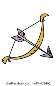Bow and arrow cartoon hand drawn image. Original colorful artwork, comic childish style drawing.