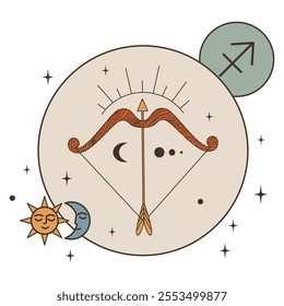 Bow and arrow in a circle with stars, moon and sun. Sagittarius is a zodiac sign. Postcard vintage flat vector illustration. Eps10