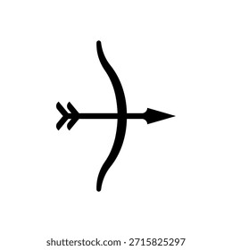 Arco y flecha cruzados y dibujados. Icono de Vector de silueta negro simple de un arco dibujado con una flecha apuntada y lista para lanzar. Ilustración aislada minimalista sobre fondo blanco.