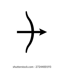 Bow and arrow crossed and drawn. Simple black silhouette vector icon of a drawn bow with an arrow aimed and ready to launch. Minimalist isolated illustration on white background.