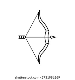 Arco y flecha cruzados y dibujados. Icono de Vector de silueta negra simple de un arco dibujado con una flecha apuntada y lista para lanzar. Ilustración aislada minimalista sobre fondo blanco.