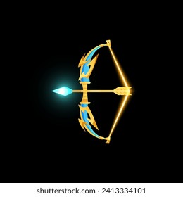 Bow y flecha, elemento para el diseño de juegos, ilustración vectorial aislada en fondo negro. Arma antigua mágica brillante y colorida. Objeto de estilo de dibujos animados para la aplicación, la interfaz de usuario y la interfaz de juego