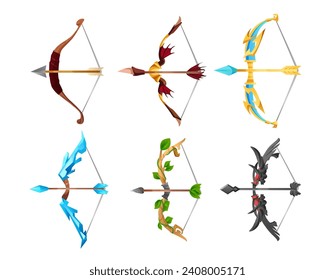 Bow and arrow fancy weapon game assets and icons set, 3D realistic vector illustration isolated on white background. Medieval fantasy weapon for shooting arrows.