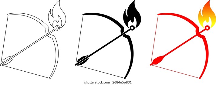 Arco y flecha con el sistema del icono de la llama del fuego, símbolo del poder, de la guerra, de la pasión y de la energía en estilo del Vector