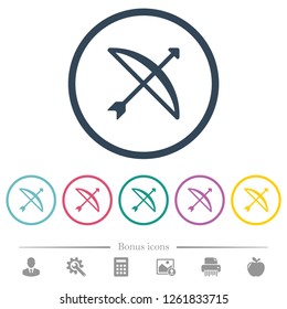 Bow with arrow flat color icons in round outlines. 6 bonus icons included.