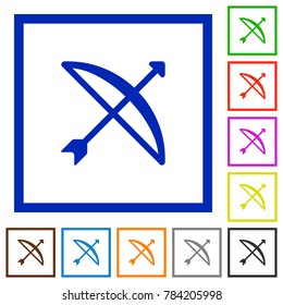Bow with arrow flat color icons in square frames on white background