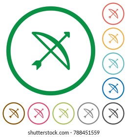 Bow with arrow flat color icons in round outlines on white background