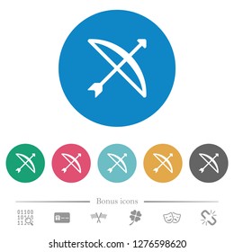 Bow with arrow flat white icons on round color backgrounds. 6 bonus icons included.