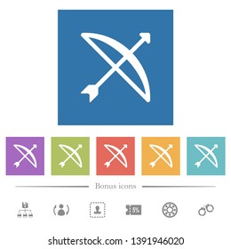 Bow with arrow flat white icons in square backgrounds. 6 bonus icons included.
