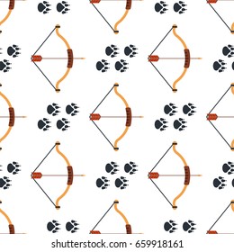 Bow and arrow footprints background hunting weapons seamless pattern design hunter forest wild vector illustration