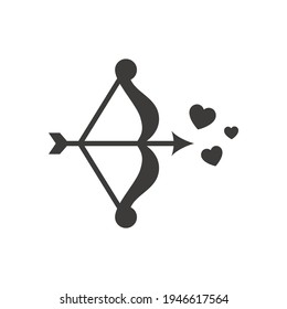 Icono de vector negro de arco, flecha y corazones. Amor, símbolo cupido y valentino.
