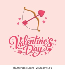 Un arco y una flecha con una punta en forma de corazón. Alrededor del arco hay corazones Pequeños en diferentes tamaños. A continuación, las palabras Día de San Valentín están escritas en una fuente decorativa.