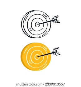 Bow arrow hits the target circle hand drawn icon sketch. Business goal flat line drawing cartoon vector illustration
