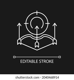 Bow and arrow hunting white linear icon for dark theme. Bowhunting. Archery hunting. Compound bow. Thin line customizable illustration. Isolated vector contour symbol for night mode. Editable stroke