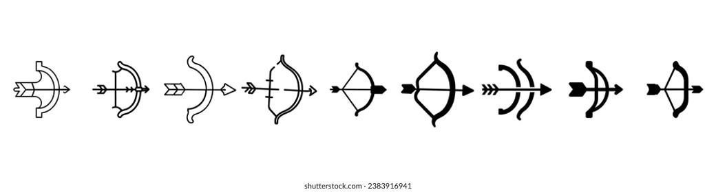 Bow and arrow icon, Archer bow icon. Simple illustration of target archer bow vector icon, Arrow icon isolated. Archery icons, bow and arrow sing, Archery icons with outline and glyph style.