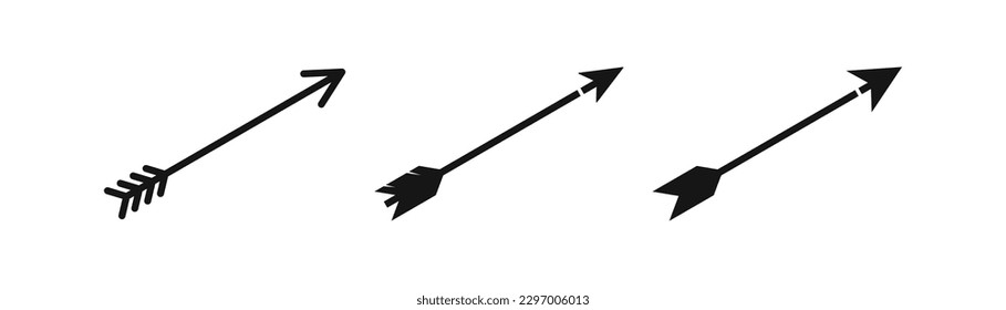 Pfeil-Icon-Bow. Bogensymbol. Bogenzeichen. Pfeilspitzen, Federsymbole. Indische einheimische Waffensymbole. Schwarze Farbe. Vektor-Einzelzeichen.