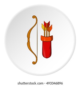 Bow and arrow icon in cartoon style isolated on white circle background. Hunting equipment symbol vector illustration