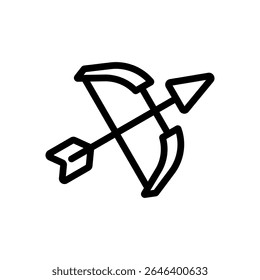 Icono de arco y flecha en estilo de línea limpia con cadena tensada. Adecuado para armas medievales, escenas de caza e iconos de fantasía relacionados con el tiro con arco.
