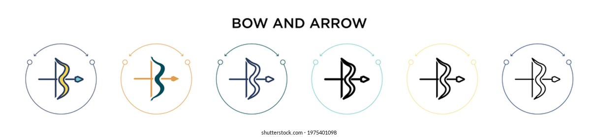 Bow and arrow icon in filled, thin line, outline and stroke style. Vector illustration of two colored and black bow and arrow vector icons designs can be used for mobile, ui, web