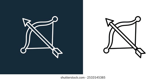 Icono de arco y flecha aislado en colores blanco y negro Icono de Vector lineal de contorno de arco y flecha de la colección de premios deportivos para App móviles, interfaz de usuario de Web.