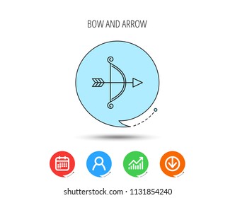 Bow with arrow icon. Valentine weapon sign. Calendar, User and Business Chart, Download arrow icons. Speech bubbles with flat signs. Vector