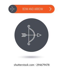 Bow with arrow icon. Valentine weapon sign. Gray flat circle button. Orange button with arrow. Vector