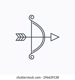 Bow With Arrow Icon. Valentine Weapon Sign. Linear Outline Icon On White Background. Vector