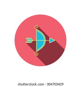 Bow with arrow icon. Valentine weapon sign. Red flat circle button. Linear icon with shadow. Vector