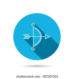 Bow with arrow icon. Valentine weapon sign. Blue flat circle button with shadow. Vector