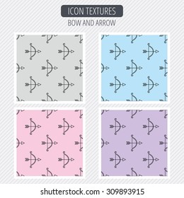 Bow with arrow icon. Valentine weapon sign. Diagonal lines texture. Seamless patterns set. Vector