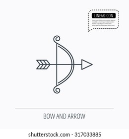 Bow with arrow icon. Valentine weapon sign. Linear outline icon. Speech bubble of dotted line. Vector
