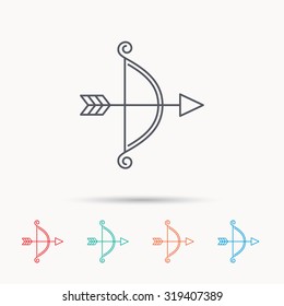 Bow with arrow icon. Valentine weapon sign. Linear icons on white background. Vector