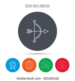 Bow with arrow icon. Valentine weapon sign. Globe, download and speech bubble buttons. Winner award symbol. Vector