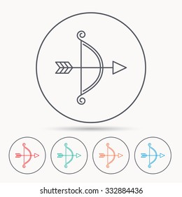 Bow with arrow icon. Valentine weapon sign. Linear circle icons.