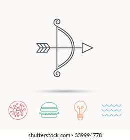 Bow with arrow icon. Valentine weapon sign. Global connect network, ocean wave and burger icons. Lightbulb lamp symbol.
