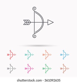 Bow with arrow icon. Valentine weapon sign. Linear icons on white background.