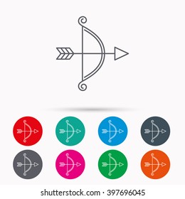 Bow with arrow icon. Valentine weapon sign. Linear icons in circles on white background.