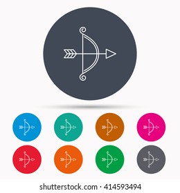 Bow with arrow icon. Valentine weapon sign. Icons in colour circle buttons. Vector
