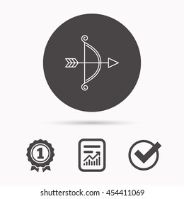 Bow with arrow icon. Valentine weapon sign. Report document, winner award and tick. Round circle button with icon. Vector