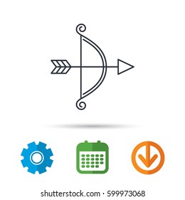 Bow with arrow icon. Valentine weapon sign. Calendar, cogwheel and download arrow signs. Colored flat web icons. Vector