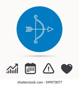 Bow with arrow icon. Valentine weapon sign. Calendar, attention sign and growth chart. Button with web icon. Vector