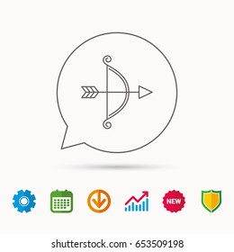 Bow with arrow icon. Valentine weapon sign. Calendar, Graph chart and Cogwheel signs. Download and Shield web icons. Vector