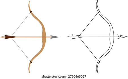 Ilustração de vetor de ícone de arco e seta em estilo plano e de contorno para tiro com arco, caça e design esportivo