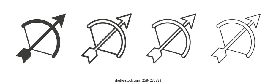 Bow arrow icons set. Liner outlined and flat black color