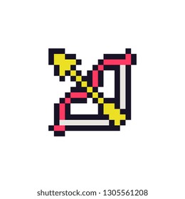 Bow and arrow. Medievalist weapons. Native American indian weapon pixel art style icon, isolated vector illustration. Design for sticker, mobile app and logo. Game assets 8-bit sprite.