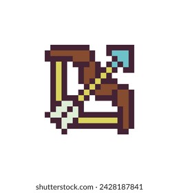 Bow and arrow. Medievalist weapons. Native American Indian weapon pixel art style icon, isolated vector illustration. Design for sticker, mobile app and logo. Game assets 8-bit sprite.